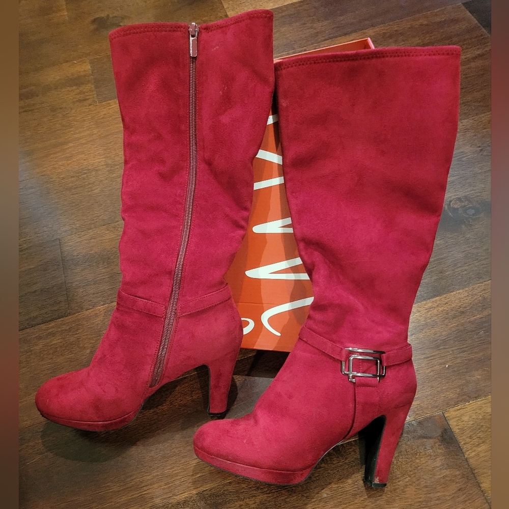 Stretch Faux Suede Red Zip Up Calf Boot